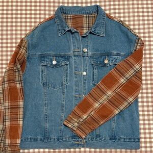 Denim Jacket with Plaid Sleeves